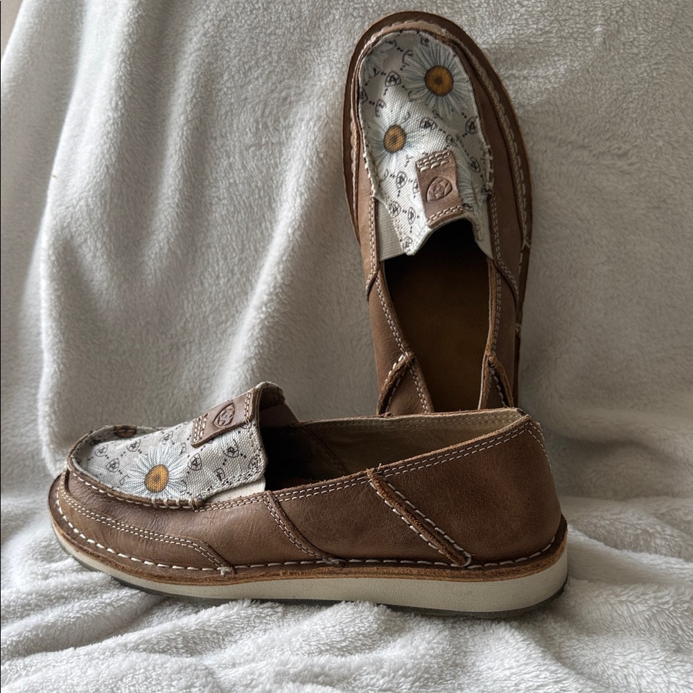 Ariat Brown Leather Slip-Ons with Floral Pattern
